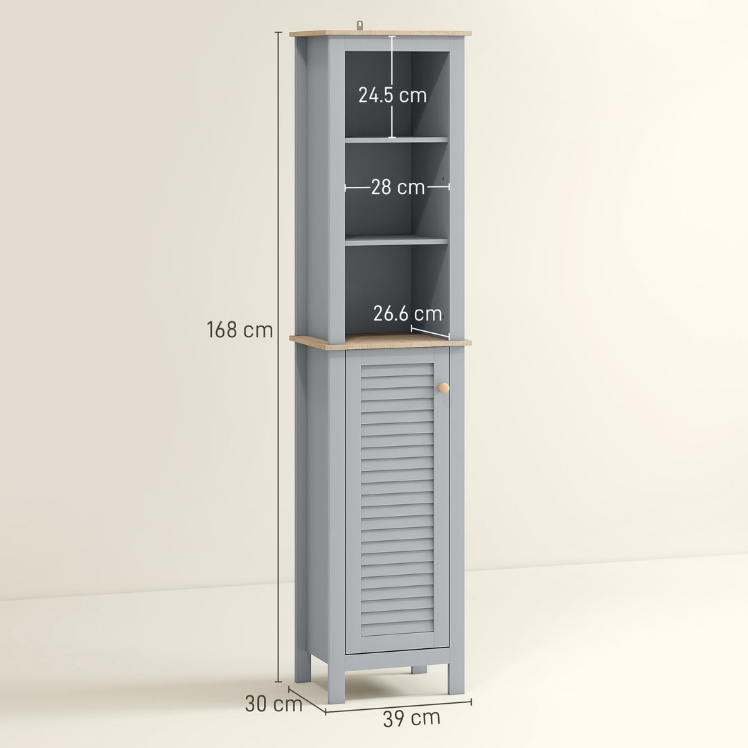 Bathroom Floor Storage Cabinet with 3 Tier Shelf and Cupboard with Door, Free Standing Linen Tower, Tall Slim Side Organizer Shelves, Grey