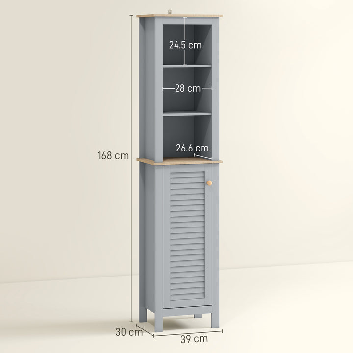 Bathroom Floor Storage Cabinet with 3 Tier Shelf and Cupboard with Door, Free Standing Linen Tower, Tall Slim Side Organizer Shelves, Grey