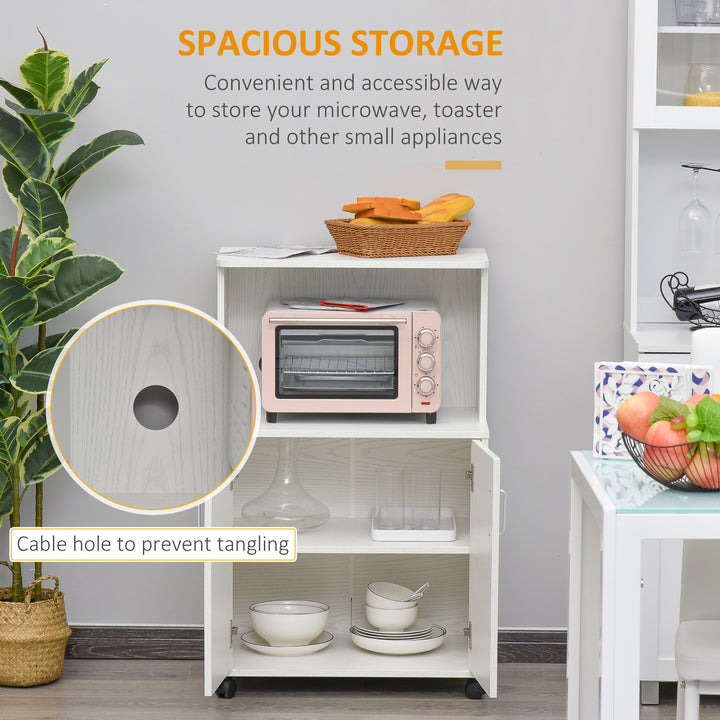 Kitchen Storage Unit, Modern Microwave Stand Trolley Cart, Sideboard with Cabinet, Locking Wheels, Shelf for Living Room, Dining Room, White