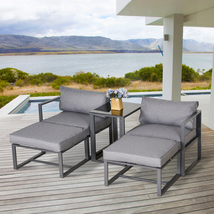5 Piece Garden Aluminium Conversation Sofa Set Patio Furniture Set Outdoor 2 Sofas 2 Footstools End Table with Cushions