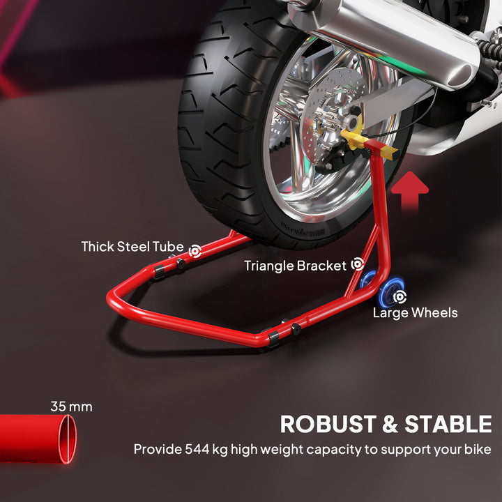 Motorcycle Rear Wheel Stand, 544 kg Capacity Heavy Duty Steel Motorbike Motorcycle Paddock Stand Lift with Adjustable U + L Forks, Wheels, Non-Slip Pads for Workshop Garage Repair, Red