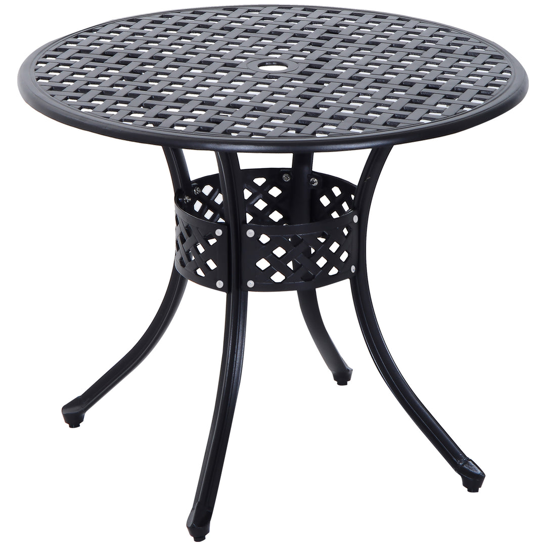 85cm Round Garden Table with Umbrella Hole, Aluminium Grid Motif Outdoor Dining Table for Garden Patio, Black
