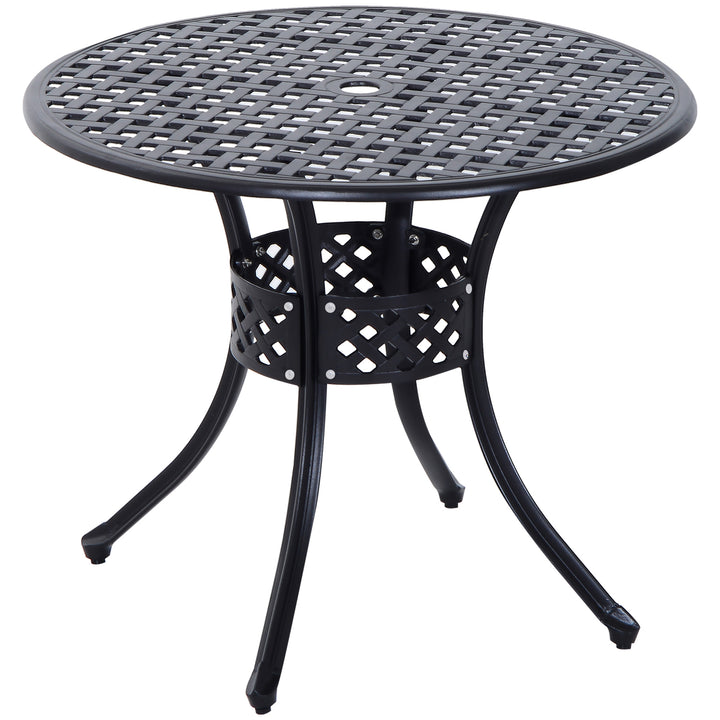 85cm Round Garden Table with Umbrella Hole, Aluminium Grid Motif Outdoor Dining Table for Garden Patio, Black