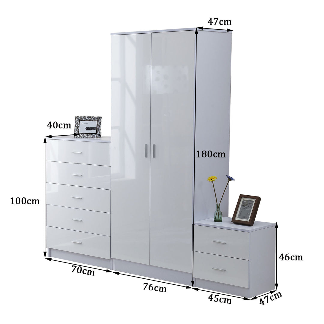 HOMCOM High Gloss 3 Piece Trio Bedroom Furniture Set Wardrobe + Chest Of Drawer + Bedside White