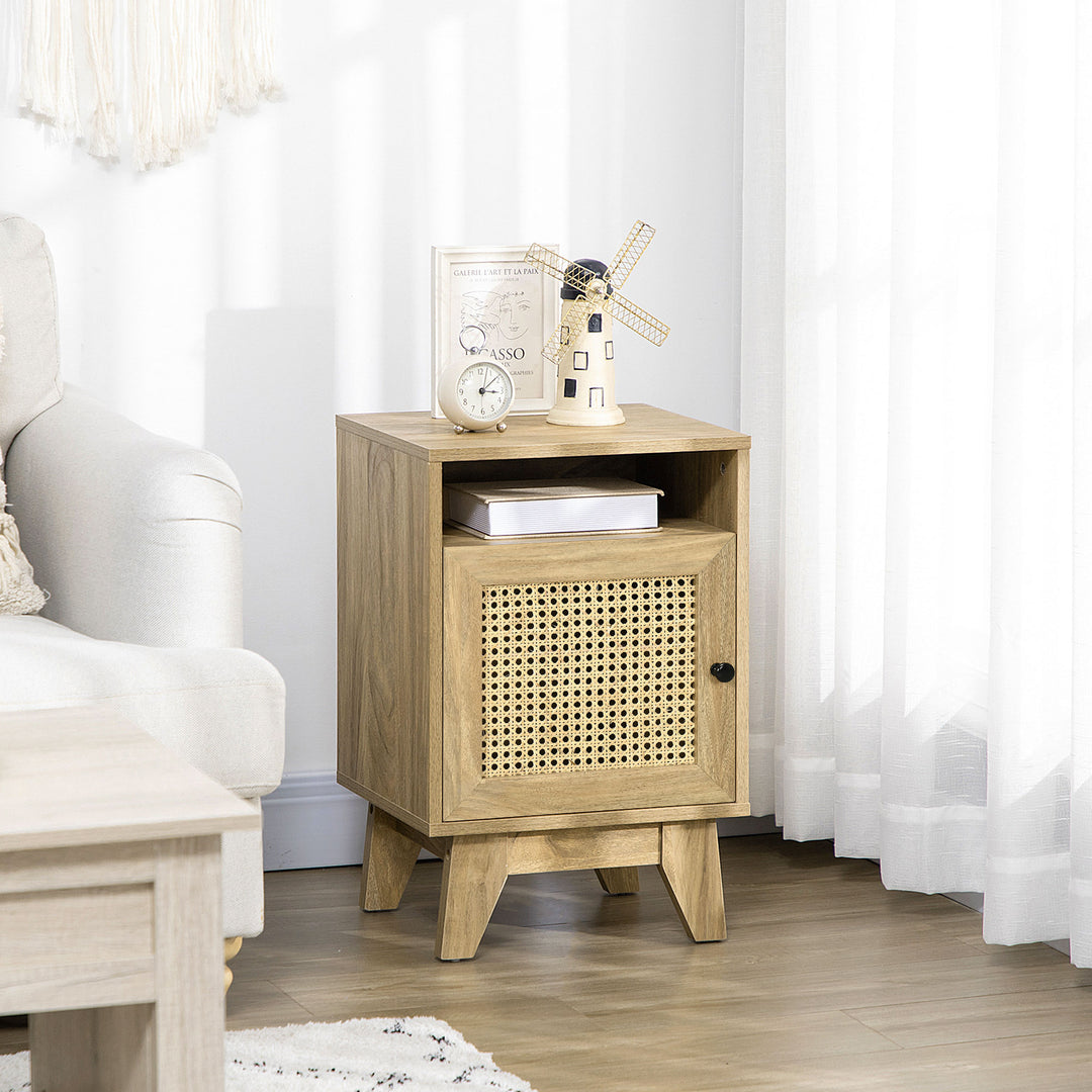 HOMCOM Bedside Cabinet with Rattan Detail, Side Table with Shelf & Cupboard, 39x35x60cm, Natural | Aosom UK