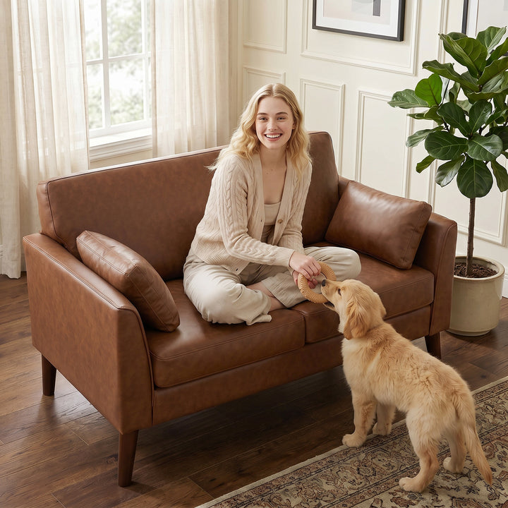 2 Seater Sofa, 132 cm Modern Small Sofa with Solid Wood Legs and 2 Pil