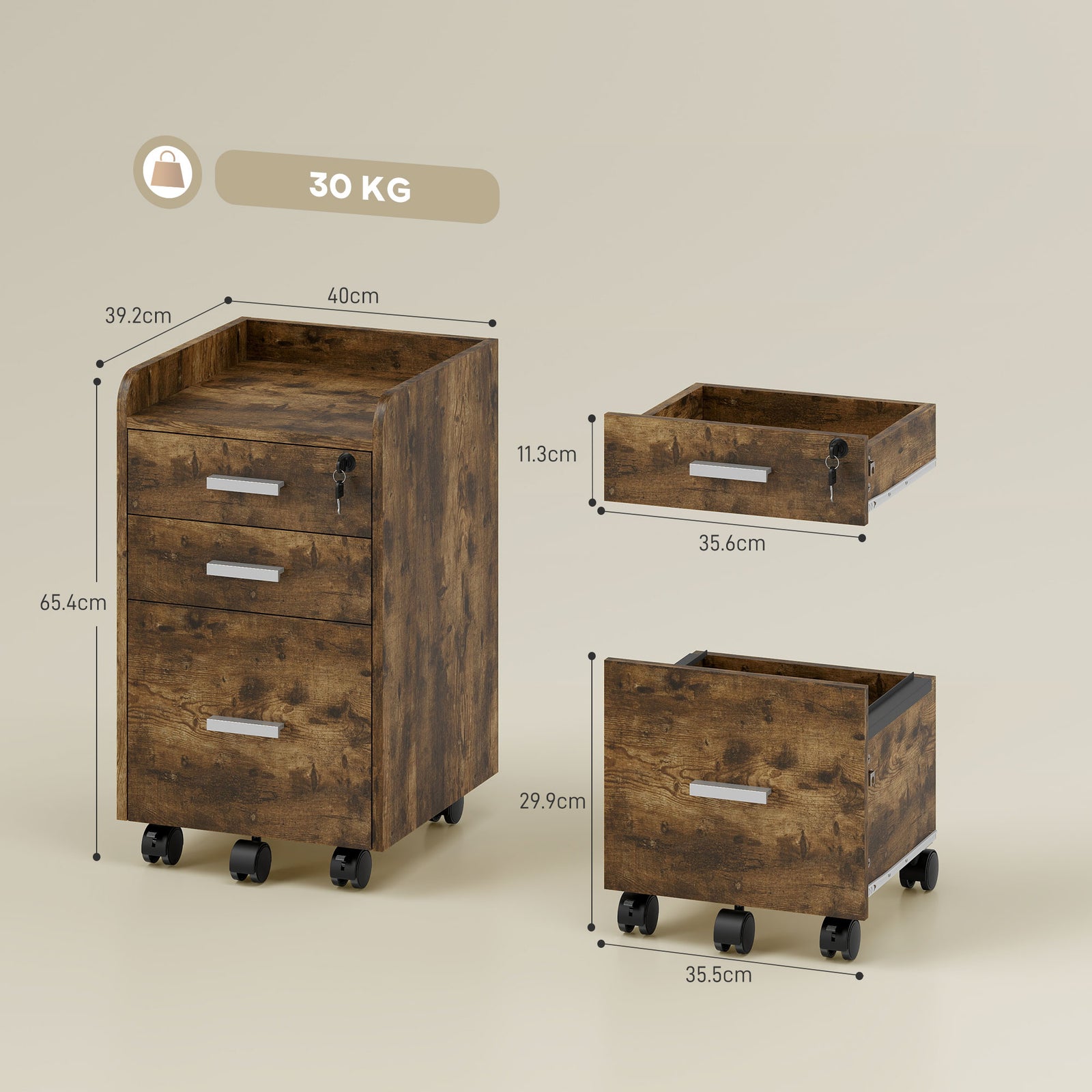 3 Drawer Filing Cabinet with Lock, Rolling File Cabinet with Edged Top