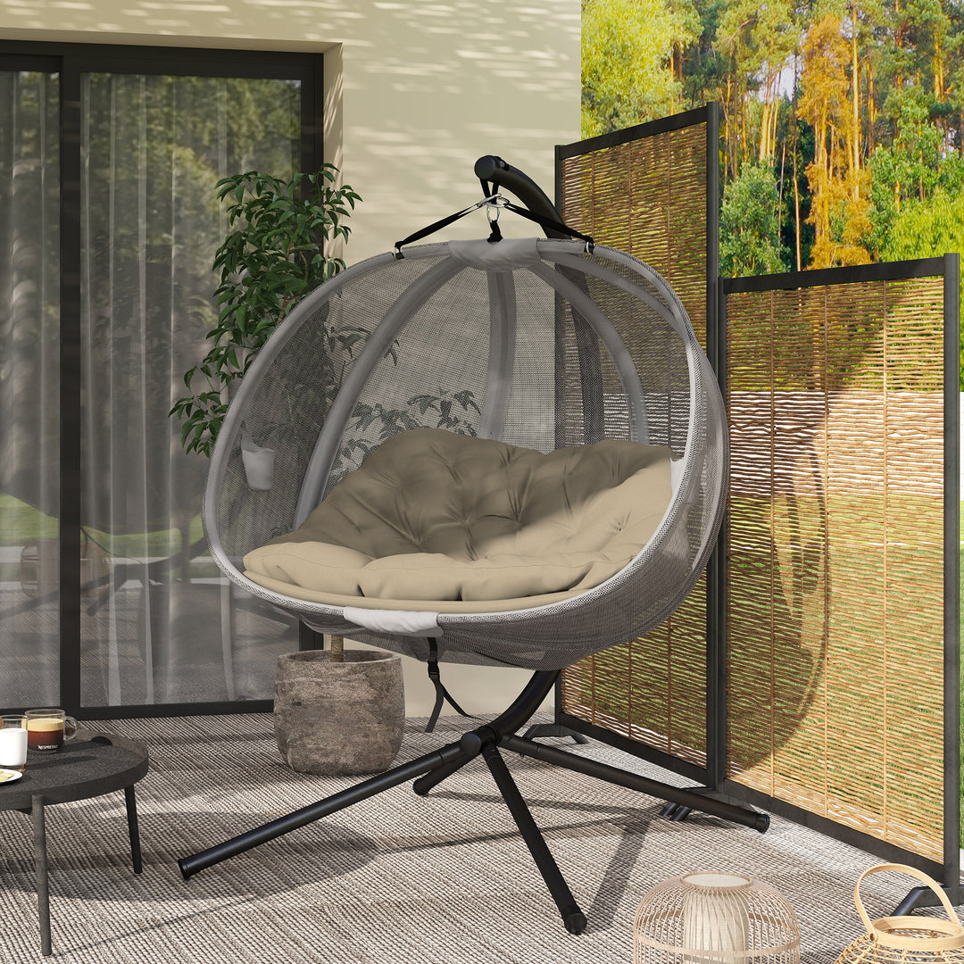 Double Hanging Egg Chair 2 Seaters Texteline Swing Hammock Chair with Stand, Cushion and Folding Design, for Indoor and Outdoor, Brown