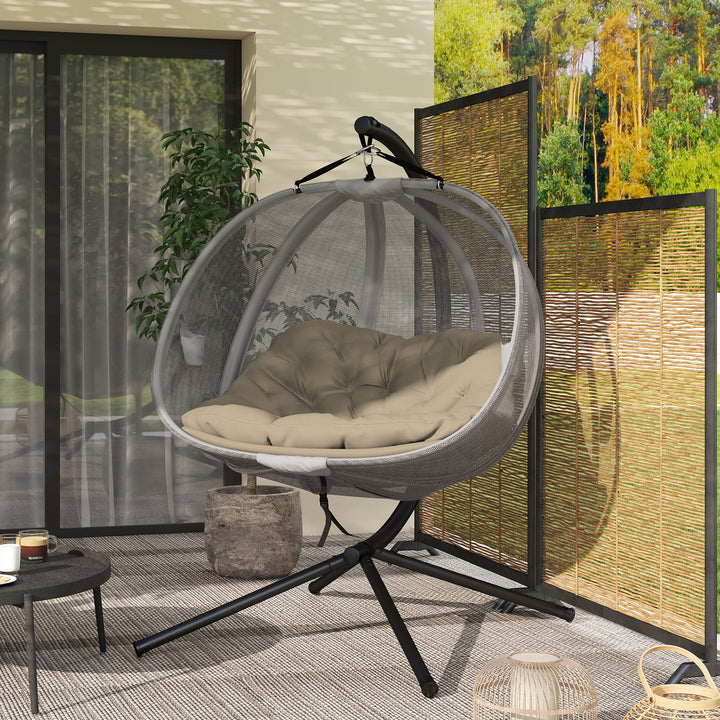 Double Hanging Egg Chair 2 Seaters Texteline Swing Hammock Chair with Stand, Cushion and Folding Design, for Indoor and Outdoor, Brown