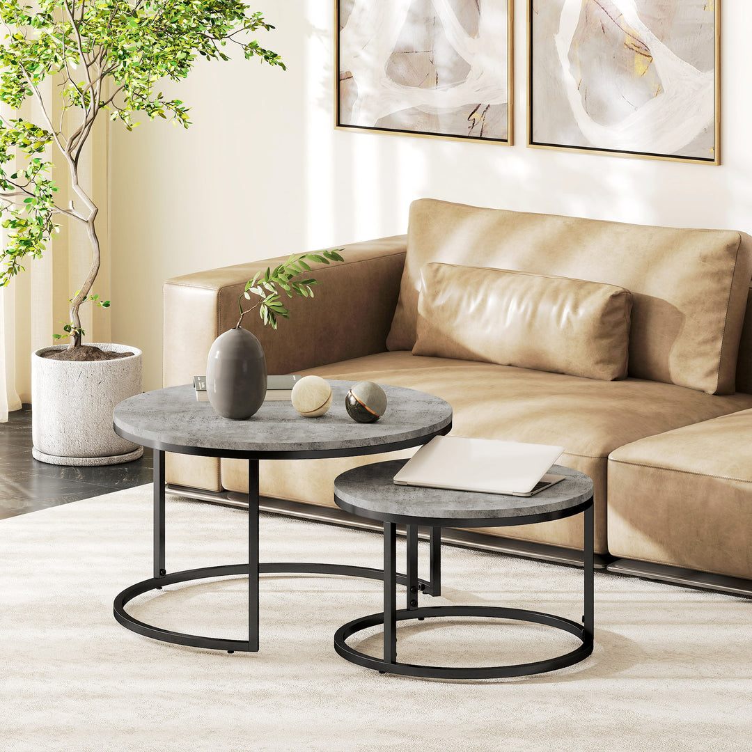 Set of Two Marble-Effect Stacking Tables - Grey/Black