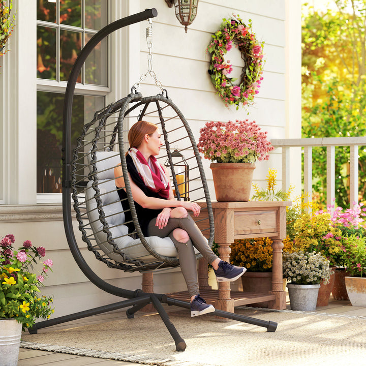 Rattan Hanging Egg Chair, Foldable Wicker Hammock Swing Chair with Cushion, Stand, Adjustable Height, Head Pillow, Steel Frame for Garden Patio Indoor Outdoor, Light Grey
