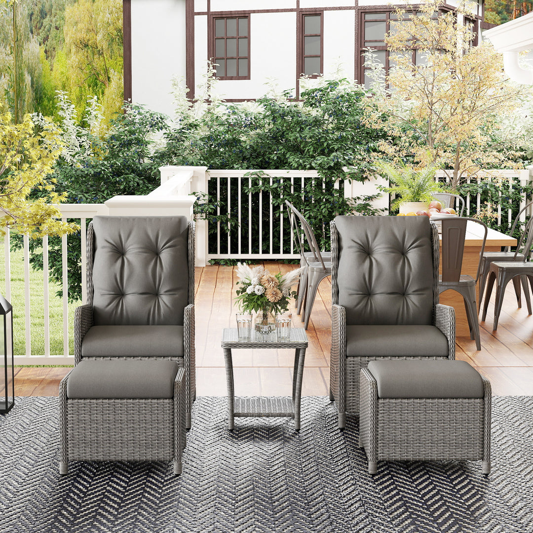 5 Pieces Rattan Bistro Set with Adjustable Back, Reclining Wicker Balcony Furniture with Cushions, Glass Top Coffee Table and Footstools, Outdoor Table and Chairs, Light Grey