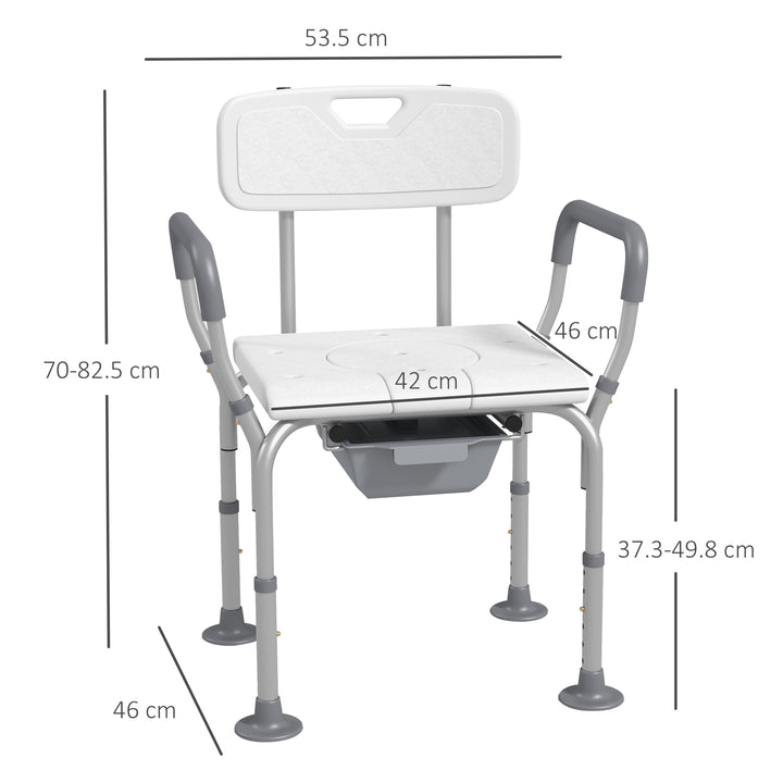 HOMCOM Height Adjustable Shower Stool with Arms and Back, Non-Slip Bedside Commode with Detachable Bucket for Elderly, White | Aosom UK