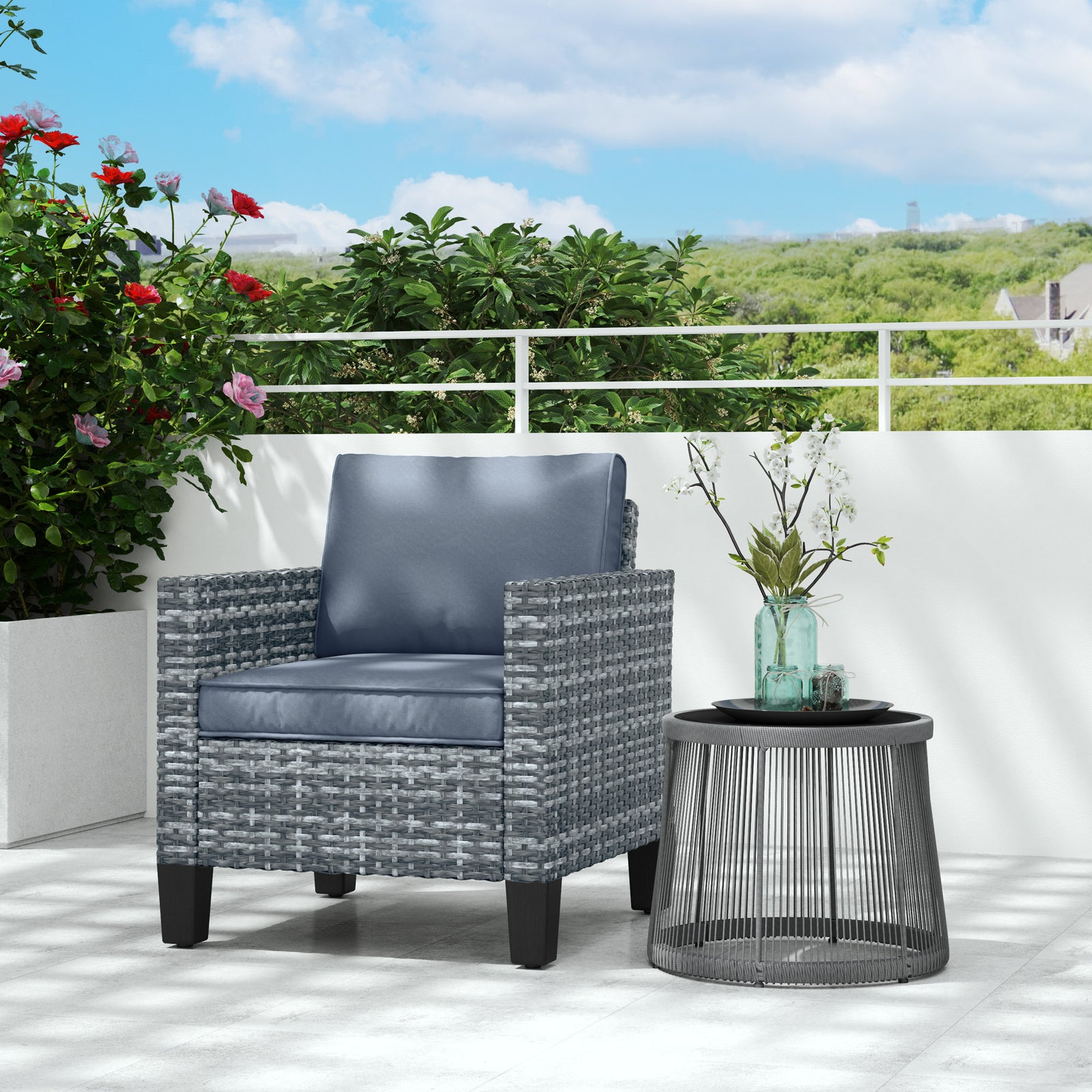 Single Rattan Armchair, with Cushions - Light Grey