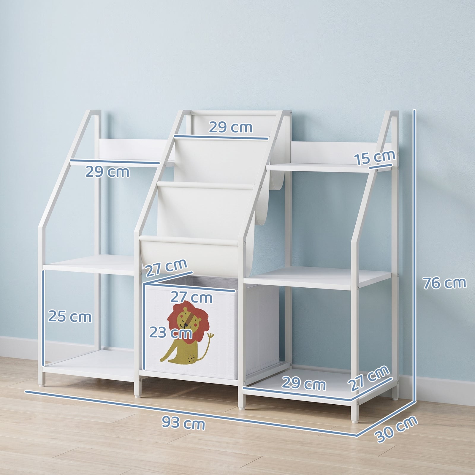 Kids Bookshelf and Toy Storage with 3-Tier Sling Book Rack and Fabric 
