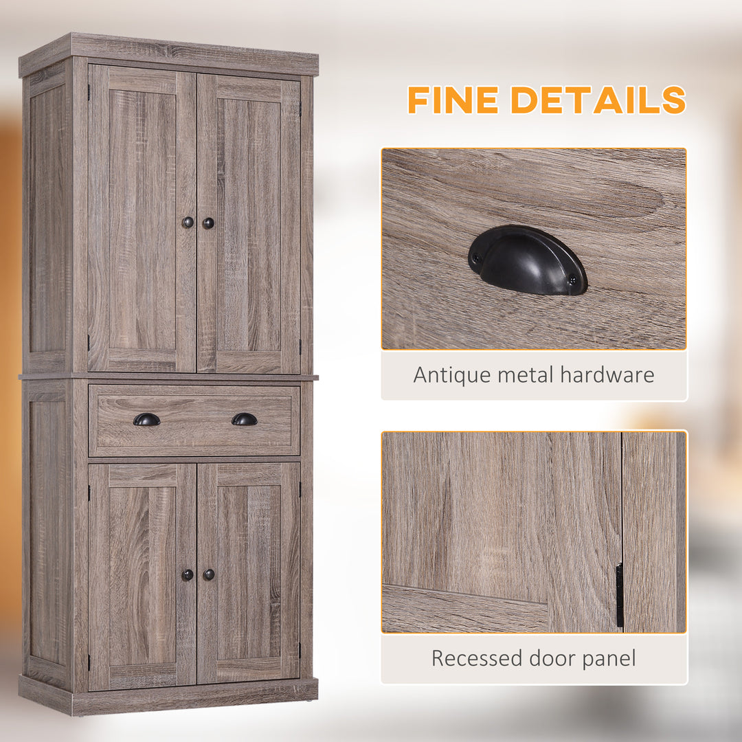 Freestanding Kitchen Cupboard, 184cm Tall Storage Cabinet with Doors and Shelves, Traditional Colonial 4-Door Kitchen Pantry Cupboard with Drawer, Dark Wood Grain