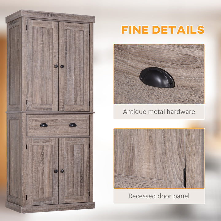Freestanding Kitchen Cupboard, 184cm Tall Storage Cabinet with Doors and Shelves, Traditional Colonial 4-Door Kitchen Pantry Cupboard with Drawer, Dark Wood Grain