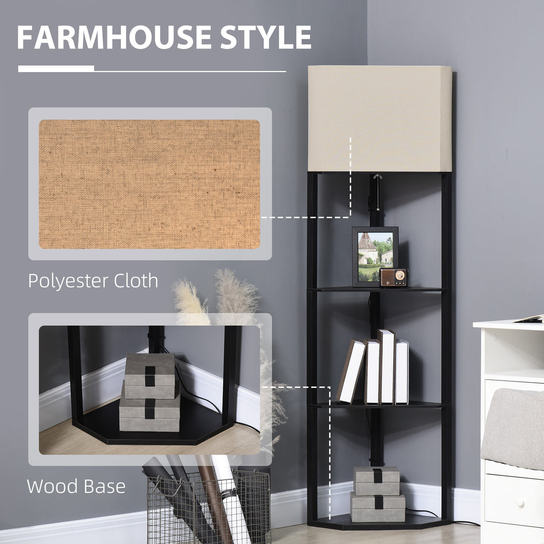 MCL Corner Floor Lamp with Shelves, Modern Tall Standing Lamp with Chain Switch for Living Room, Bedroom, Bulb Not Included, Black