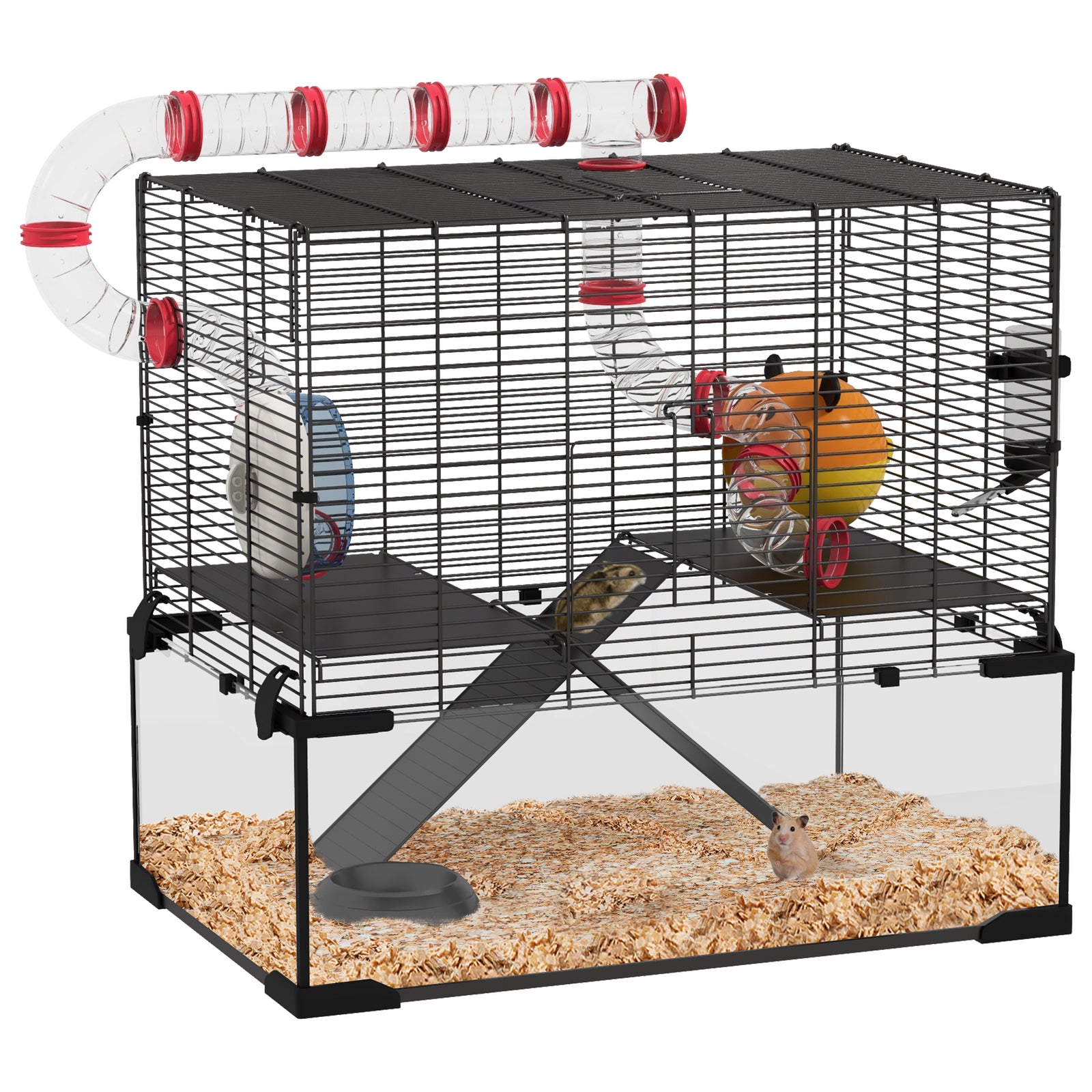 Gerbil Cage Dwarf Hamster Cage, with Deep Glass Bottom, Tunnels, Hut, Exercise Wheel, 60 x 40 x 57cm