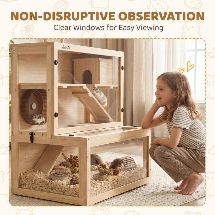 Wooden Hamster Cage with Hut, Wheel, Ramps, Removable Viewing Panels, 