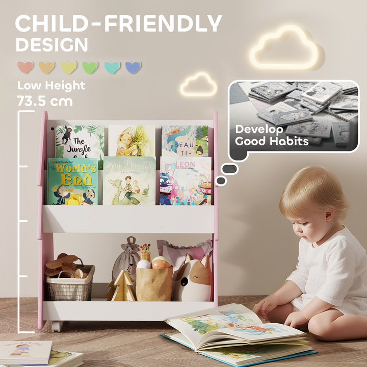 Kids Bookshelf with Toy Storage, Double-Sided Bookcase with Wheels, 3 Tier Kids Book Rack for Bedroom