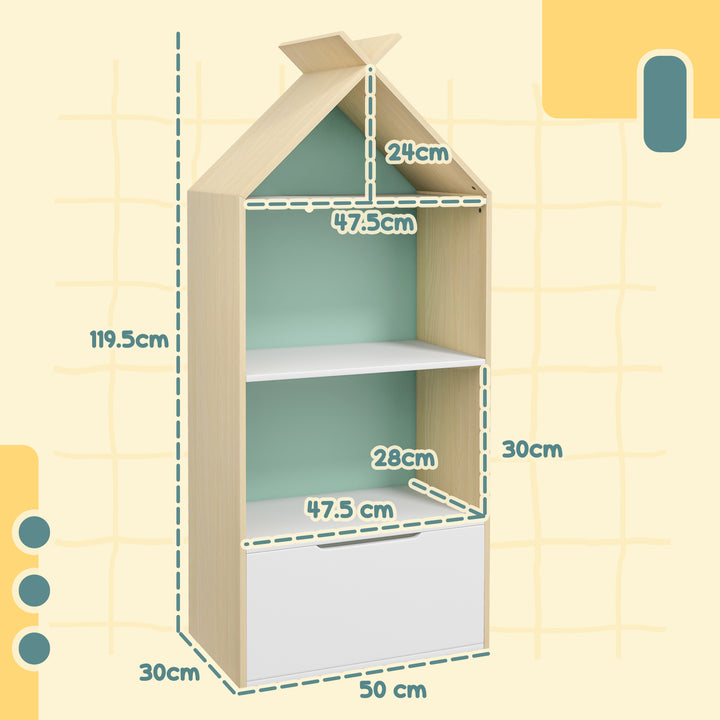 AIYAPLAY Kids Bookshelf with 3 Shelves, Drawer, Anti-tip Device, Anti-Slip Foot Cover, for Kids Room, Green | Aosom UK