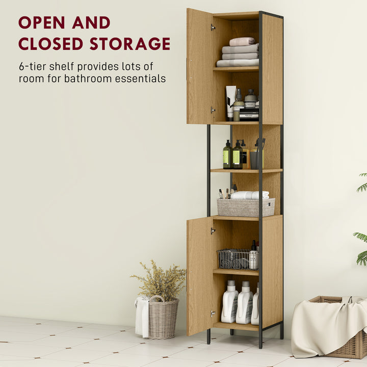 Tall Bathroom Cabinet with 2 Doors, Open Compartments and Adjustable Shelves - Natural Wood Finish