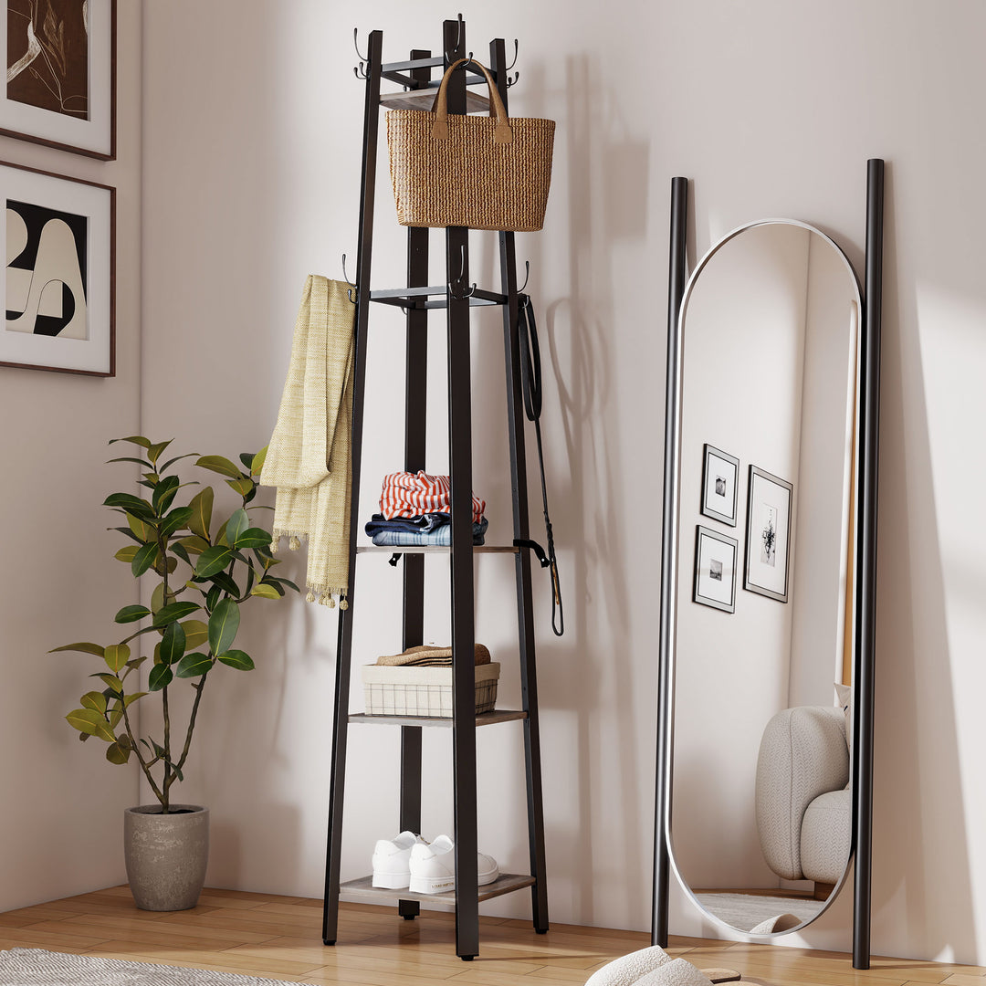 Industrial Coat Stand with 8 Hooks and 4 Shelves - Grey