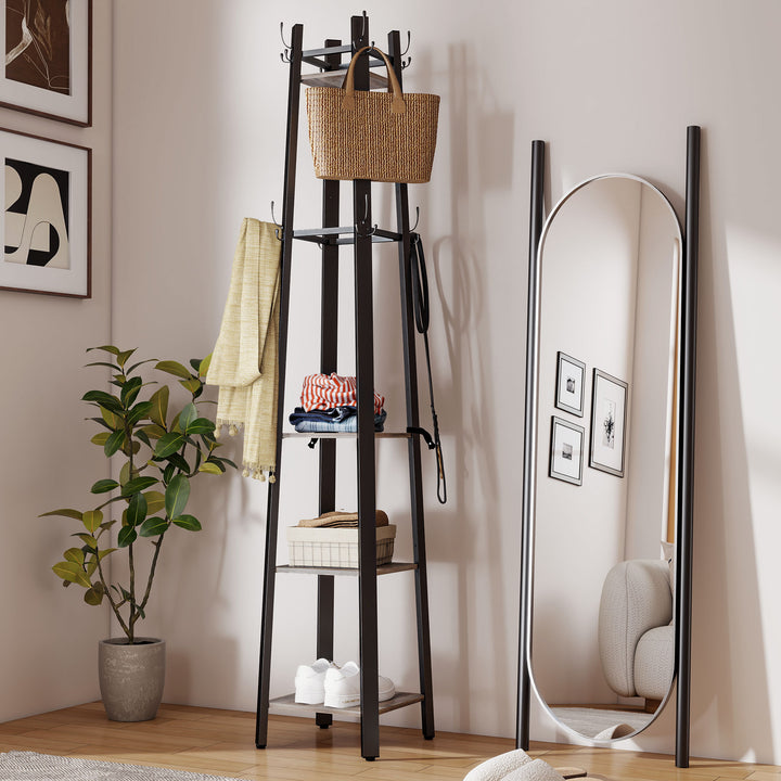 Industrial Coat Stand with 8 Hooks and 4 Shelves - Grey