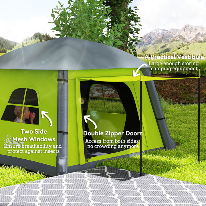 Inflatable Camping Tent w/ Hand Pump, Easy Setup 1/2 Person Blow Up Tent Waterproof 190T Taffeta w/ Mesh Windows, Doors and Carry Bag, Green