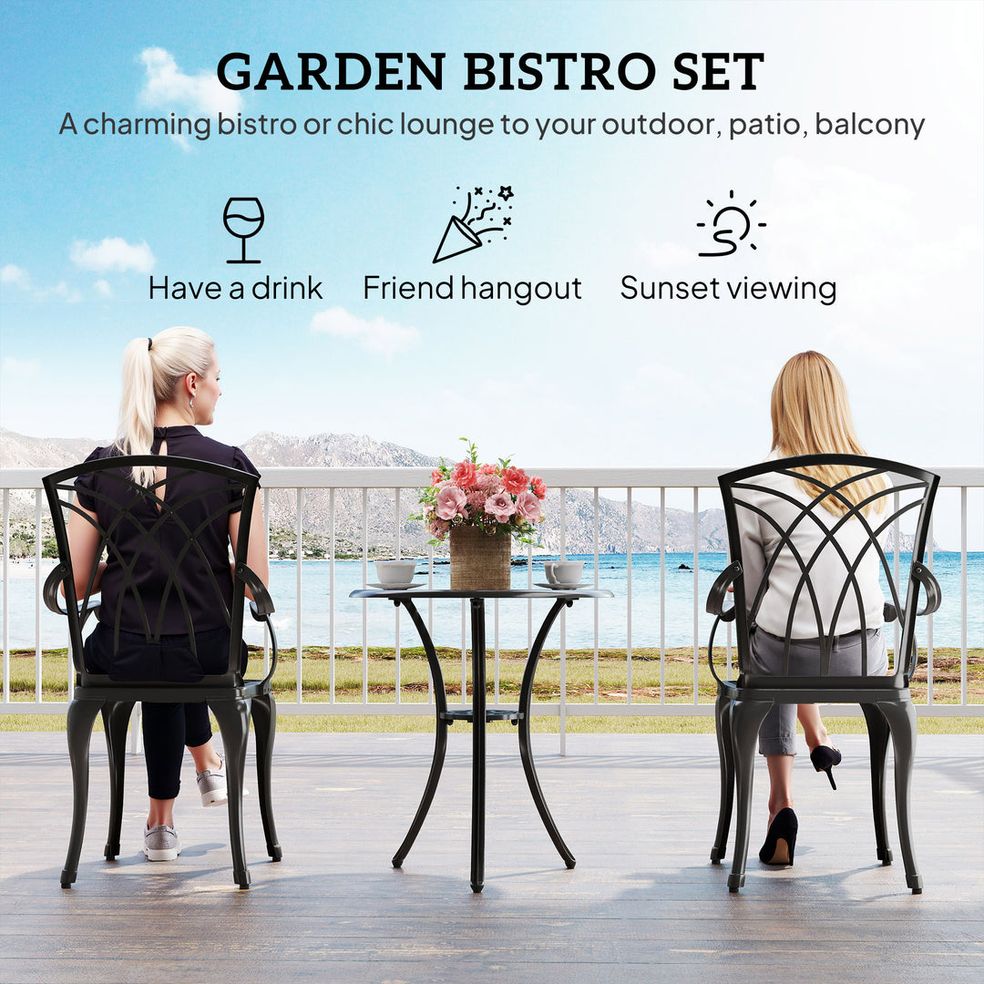 3 Pieces Garden Dining Set for 2, Cast Aluminium Outdoor Dining Set with 2 Armchairs and Round Dining Table with Parasol Hole, Garden Furniture Set, Brown