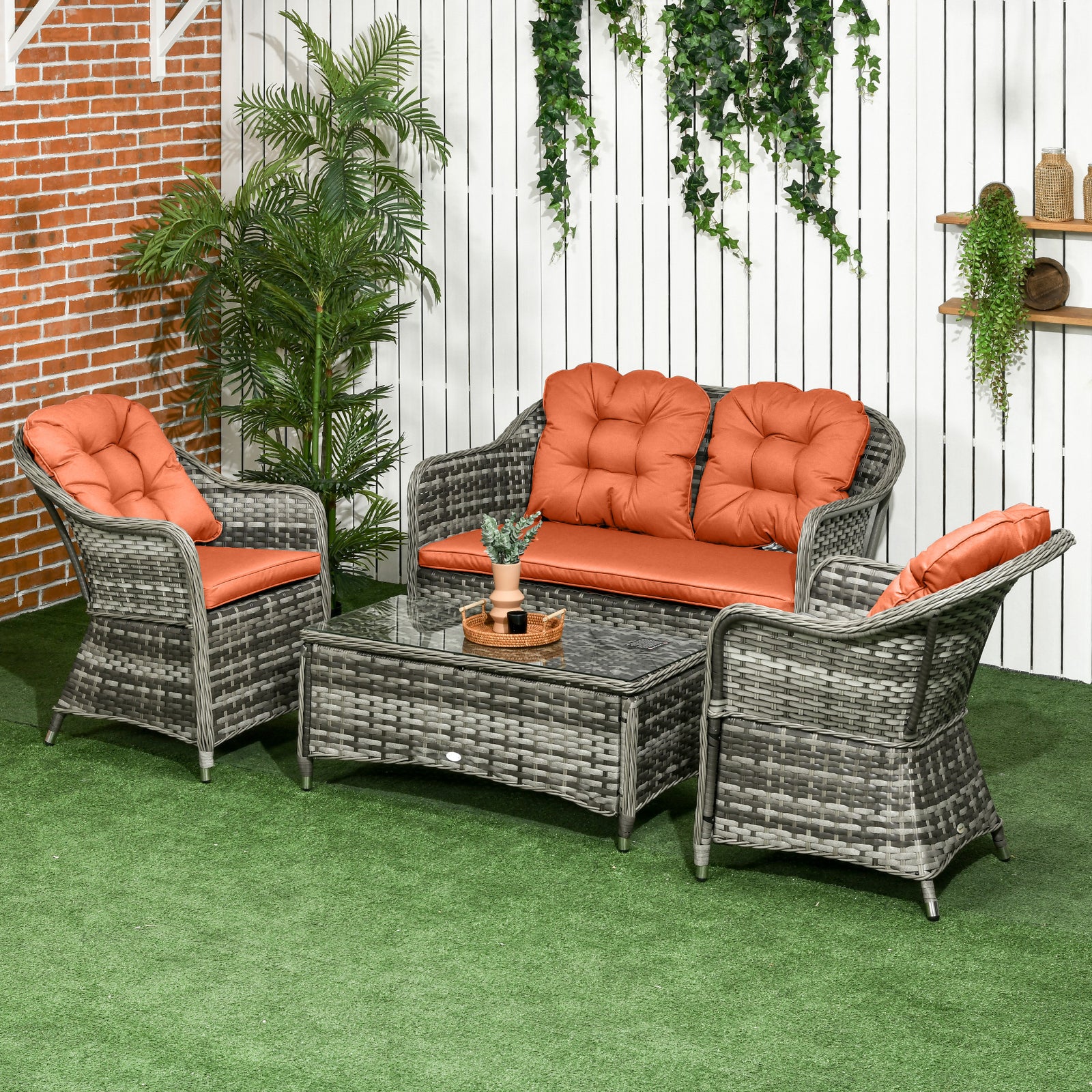 Four-Piece Rattan Sofa Set, with Glass-Top Table - Orange