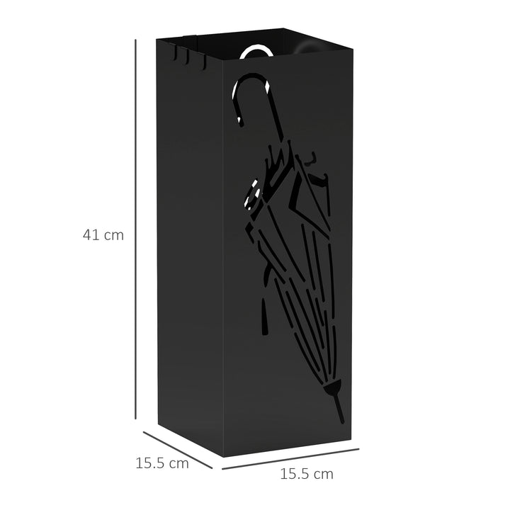 Metal Umbrella Stand, Square Umbrella Holder with 4 Hooks and Removable Drip Tray, Decorative Umbrella Storage Rack for Entryway, Hallway, 15.5 x 15.5 x 41 cm, Black