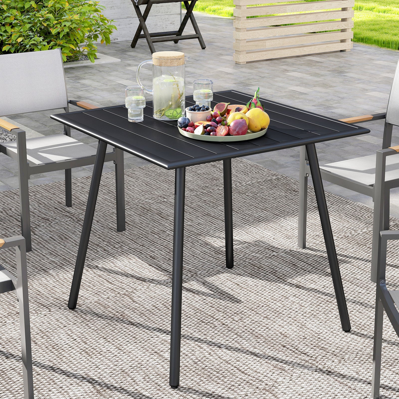 Square Garden Table with Slat Top, Steel Frame, Outdoor Table for 4 Person, 80 x 80 x 74 cm, Black