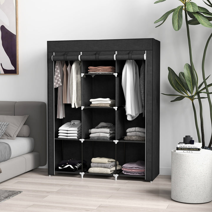 Fabric Wardrobe, with Rails and Shelves - Black