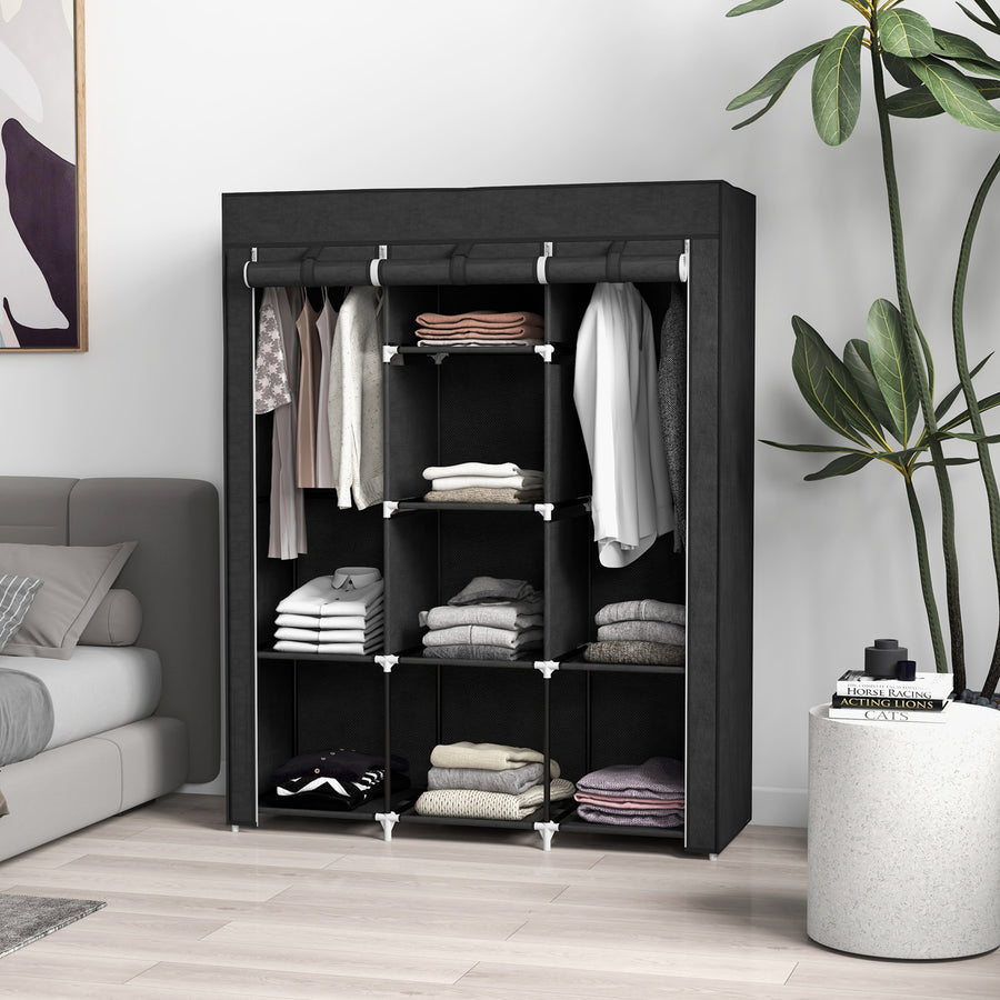Fabric Wardrobe, with Rails and Shelves - Black