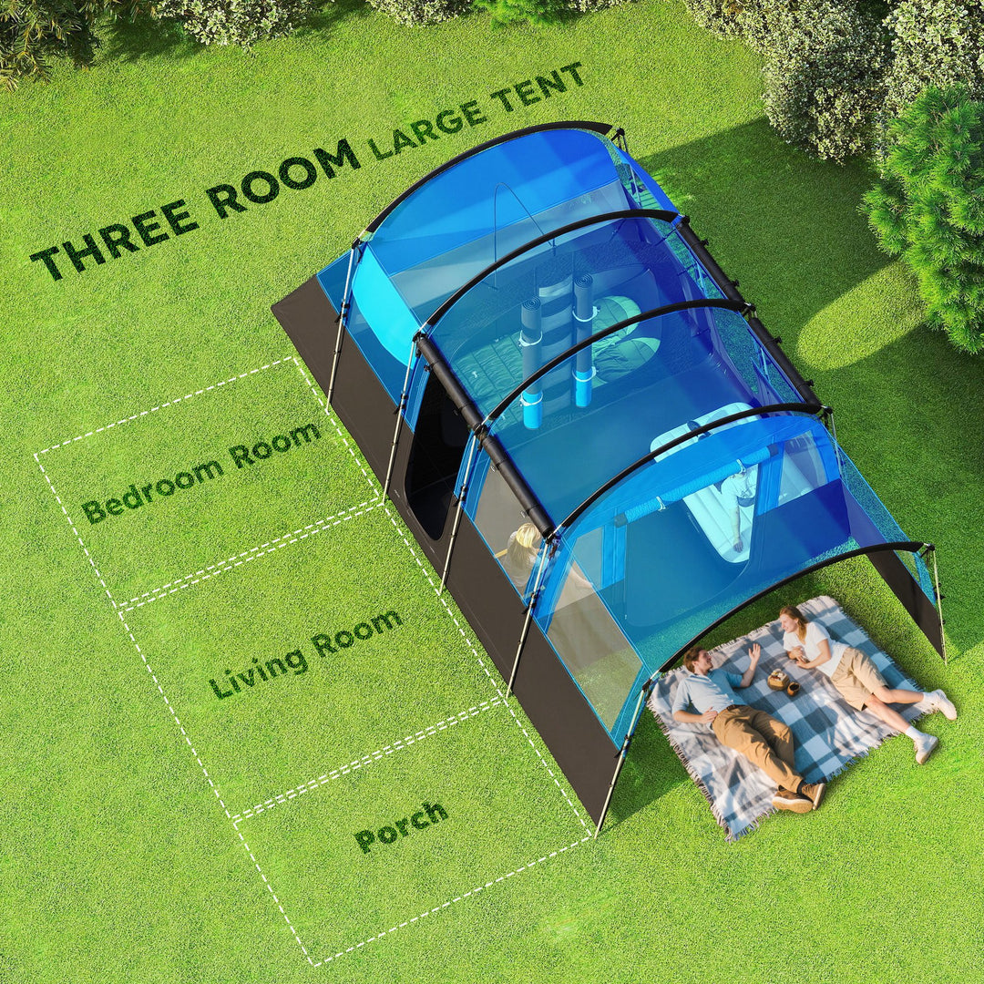 8-Person Camping Tent, Waterproof Family Tent, Tunnel Design, 4 Large Windows, Sleeping Cabins 3000mm Water Column Blue