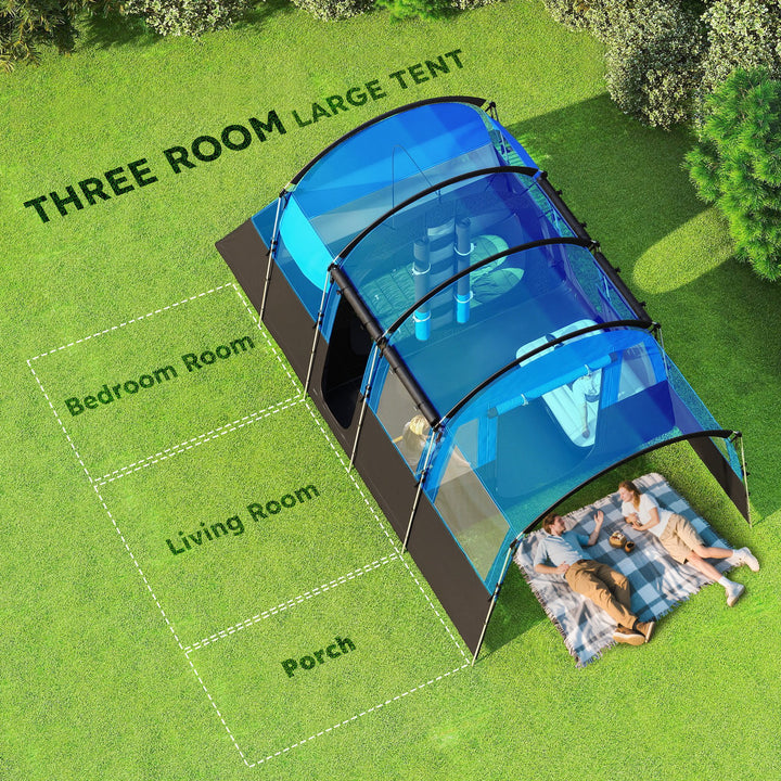 8-Person Camping Tent, Waterproof Family Tent, Tunnel Design, 4 Large Windows, Sleeping Cabins 3000mm Water Column Blue