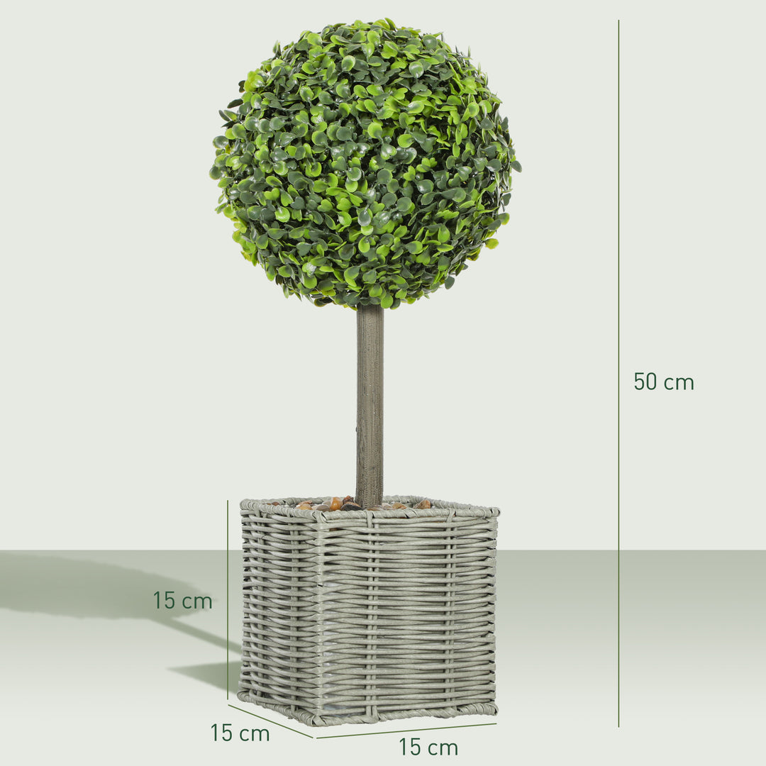 Set of 2 Decorative Artificial Plants, 50cm Faux Boxwood Topiary Balls with Woven Plastic Pot and Pebbles, Fake Plants for Home or Office Decor, Green