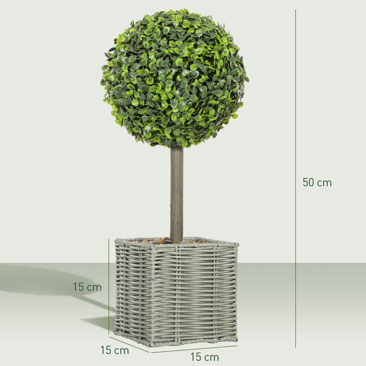 Set of 2 Decorative Artificial Plants, 50cm Faux Boxwood Topiary Balls with Woven Plastic Pot and Pebbles, Fake Plants for Home or Office Decor, Green