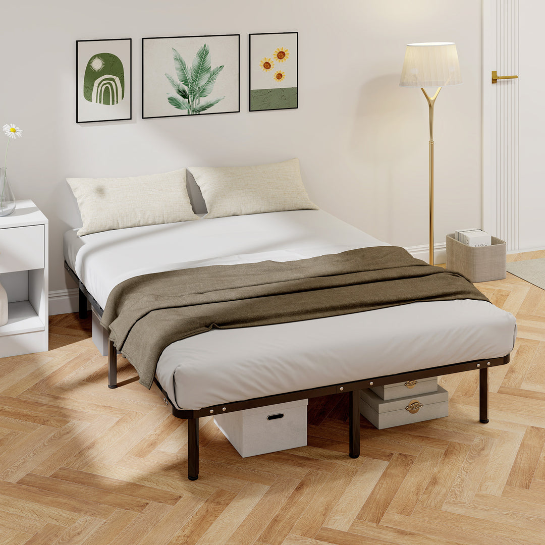 4ft6 Double Bed Frame, Metal Platform Bed Frame with 2 x 14 Wood Slats
