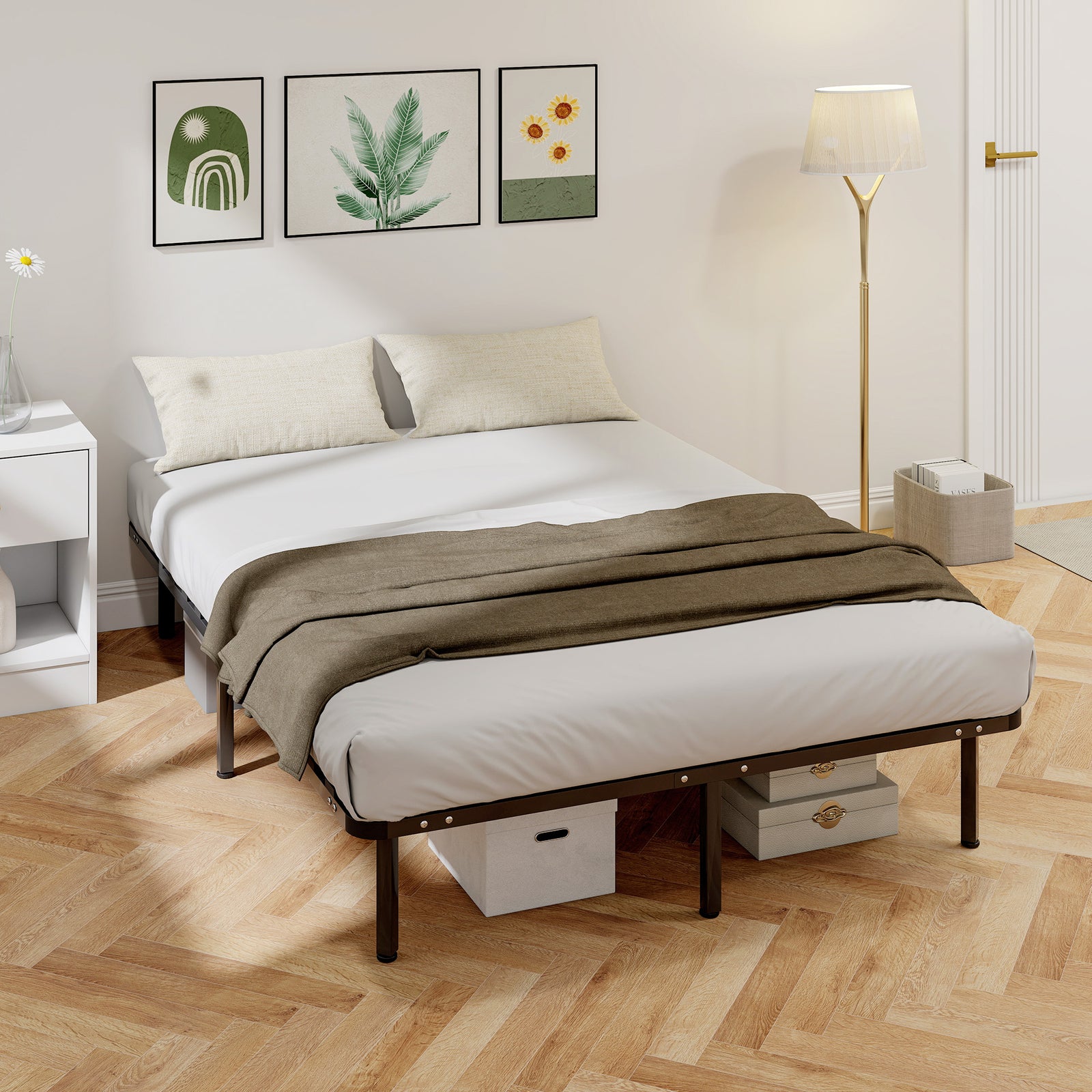 4ft6 Double Bed Frame, Metal Platform Bed Frame with 2 x 14 Wood Slats