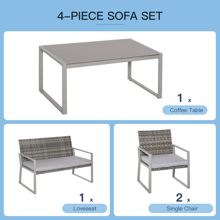 4PC Rattan Garden Furniture Set 2 Single Sofa Arm Chairs 1 Bench with Cushions & Coffee Table Patio Backyard Wicker Weave