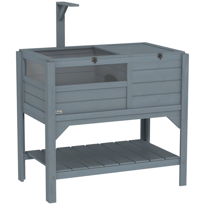 Wooden Tortoise House, with Shelter, Run, Shelf, Lamp Holder, Tray, Grey