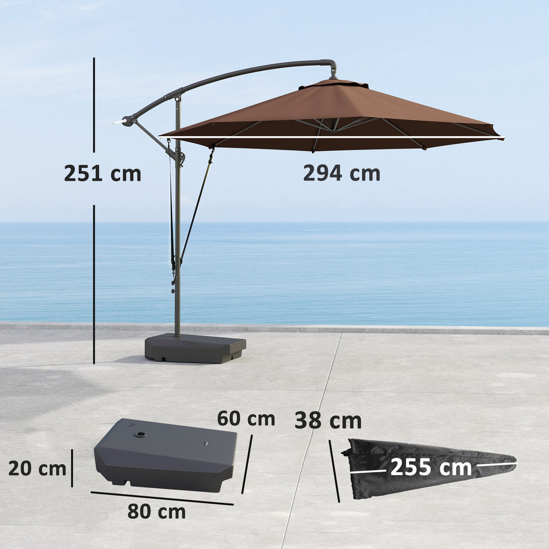3(m) Garden Cantilever Parasol with Fillable Base up to 90kg, Wind Protection Strap, Cover, Round Banana Hanging Umbrella with Crank Handle and Tilt, UPF50+ Patio Umbrella, Brown