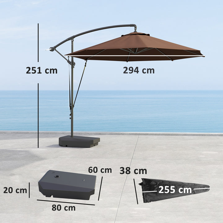3(m) Garden Cantilever Parasol with Fillable Base up to 90kg, Wind Protection Strap, Cover, Round Banana Hanging Umbrella with Crank Handle and Tilt, UPF50+ Patio Umbrella, Brown