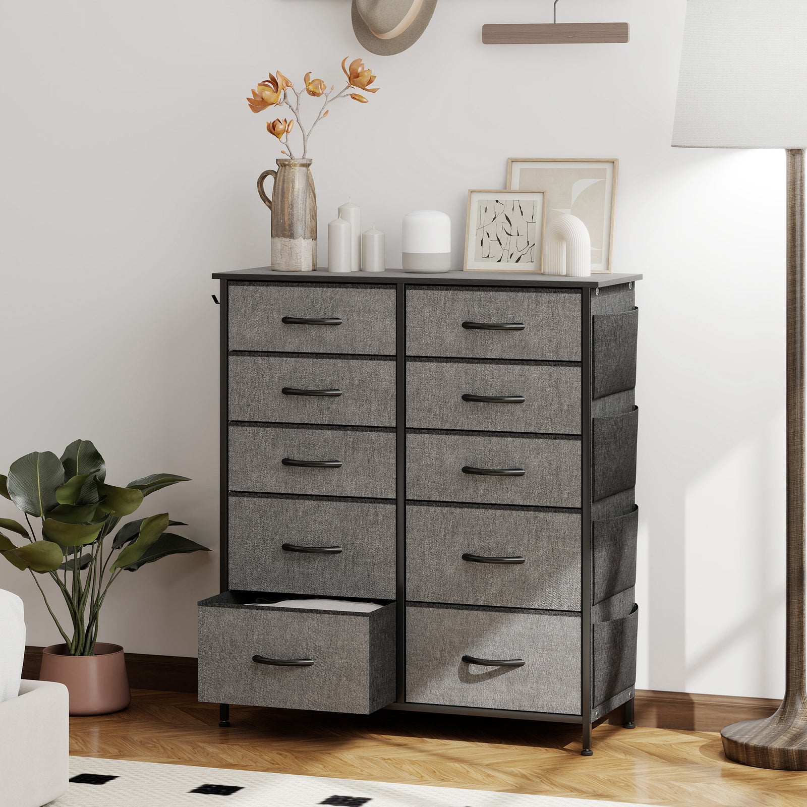 Chest of Ten Fabric Drawers - Charcoal Grey