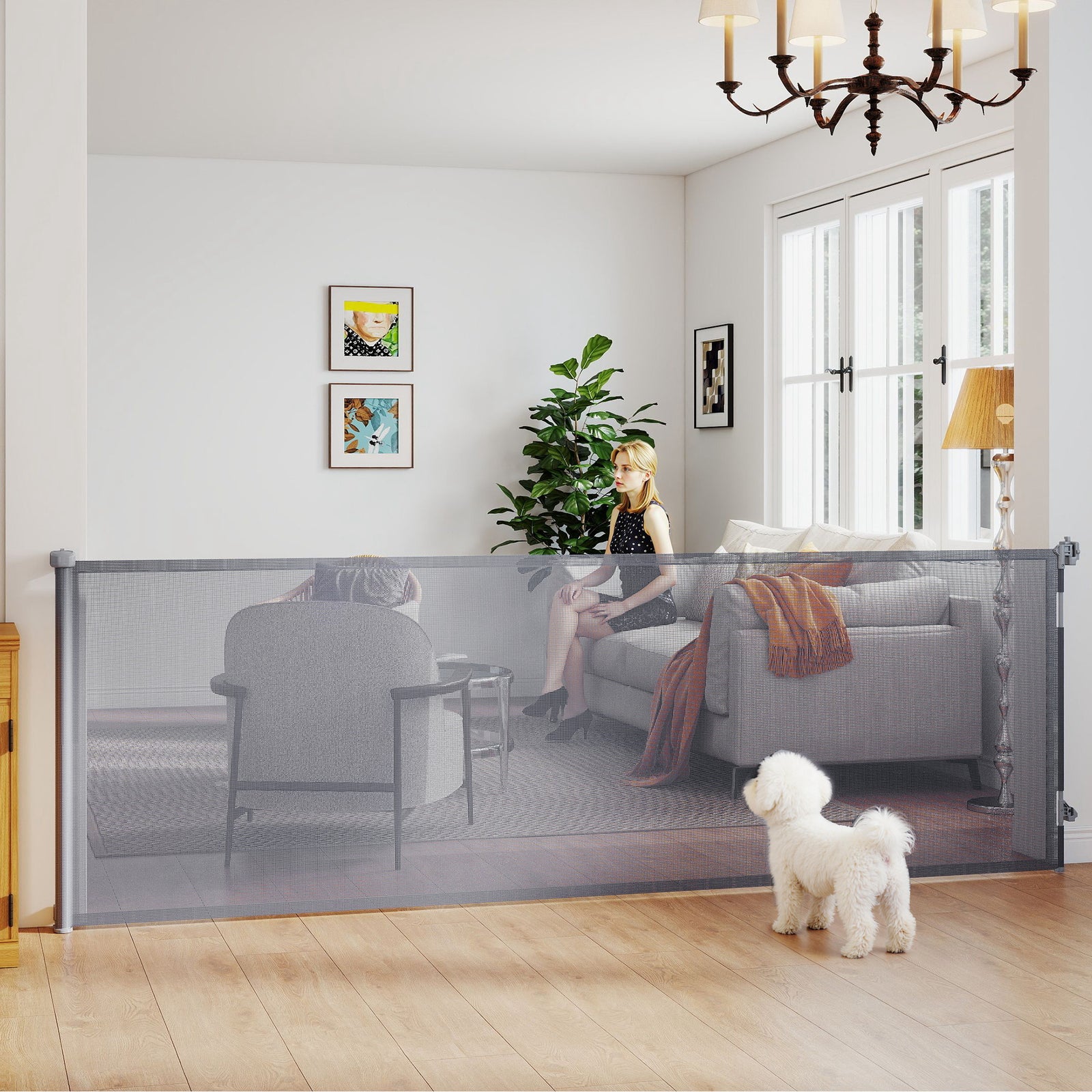 Retractable Dog Gate, Extends to 300 cm Wide & 104 cm Tall, Mesh Pet G