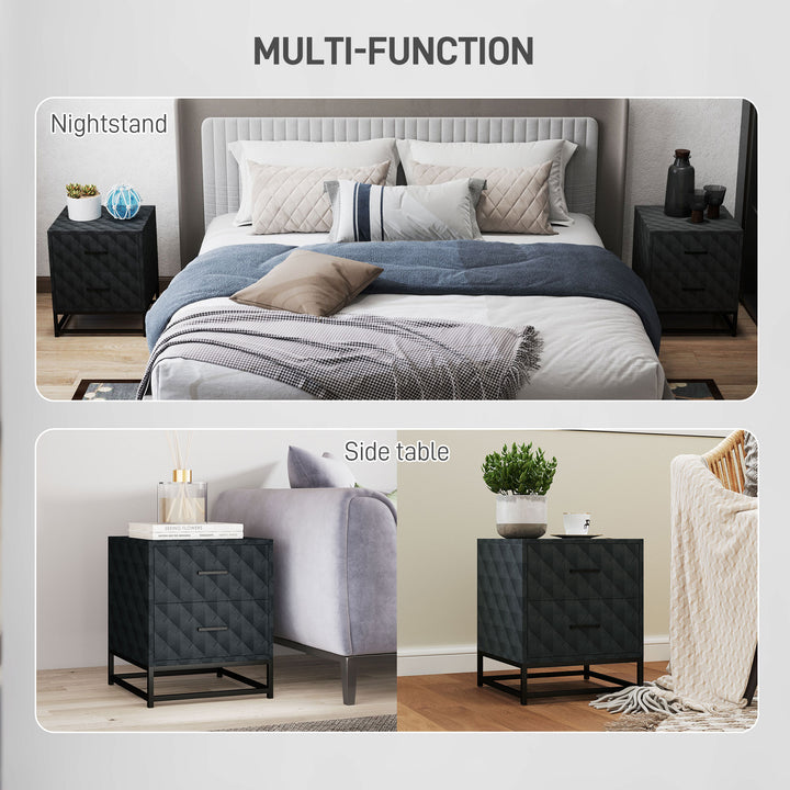 Bedside Tables Set of 2, Modern Bedside Table Nightstand with 2 Drawers, Bedside Cabinet Sofa Side Table with Storage, Steel Legs for Bedroom, Living Room, Black
