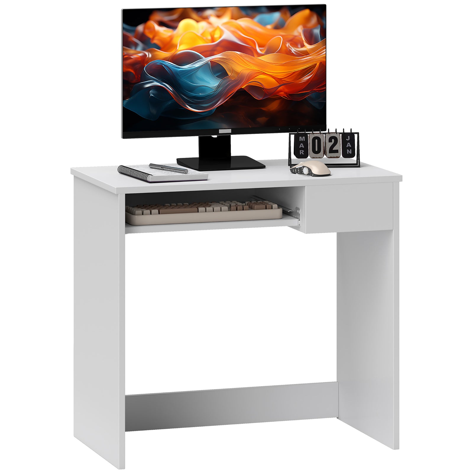 80cm Compact Computer Desk with Keyboard Tray, Home Office Desk with Drawer for Bedroom Study, White